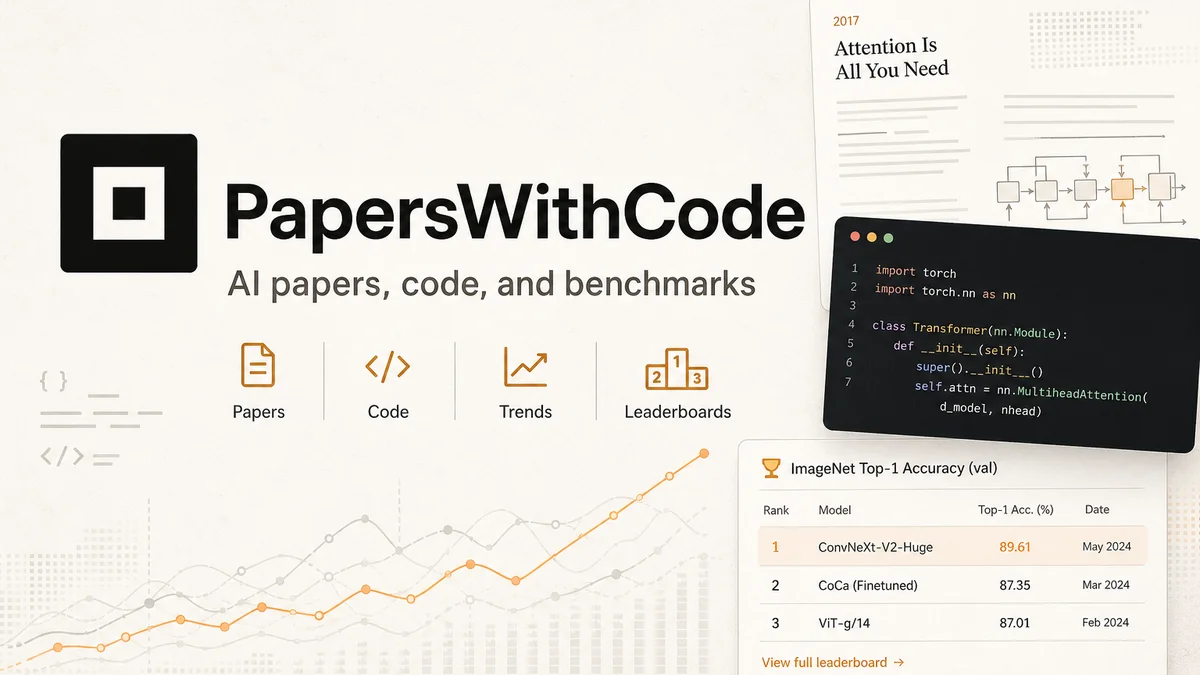 Papers with Code banner displaying AI papers, PyTorch Transformer code, trends, and benchmark leaderboards.